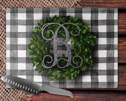 Buffalo Plaid And Boxwood Wreath Glass Cutting Board