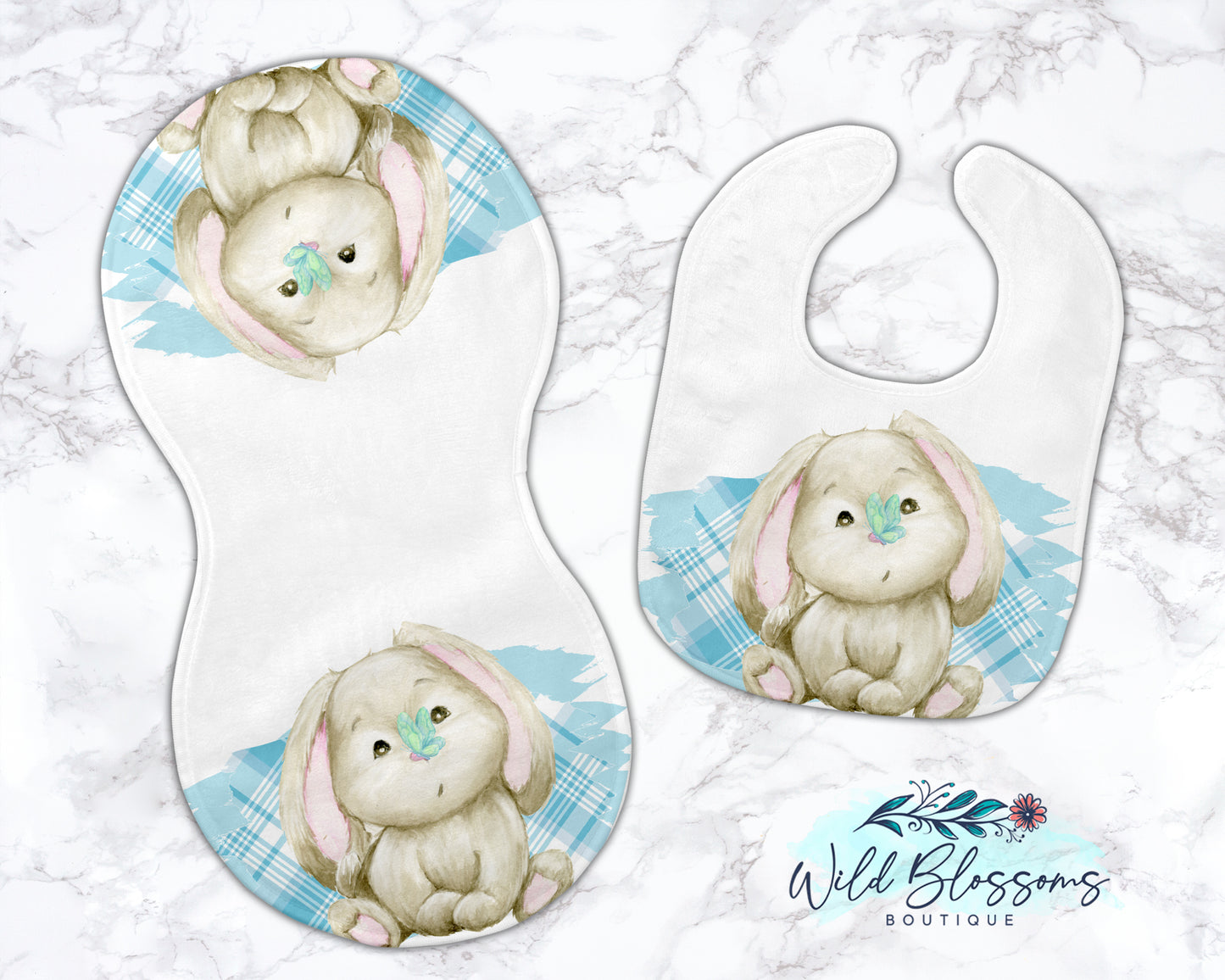 Boy Bunny Baby Bib And Burp Cloth Set