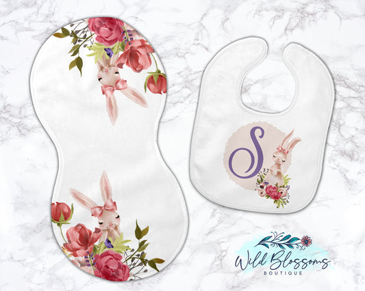 Rose Floral Bunny Baby Bib And Burp Cloth Set