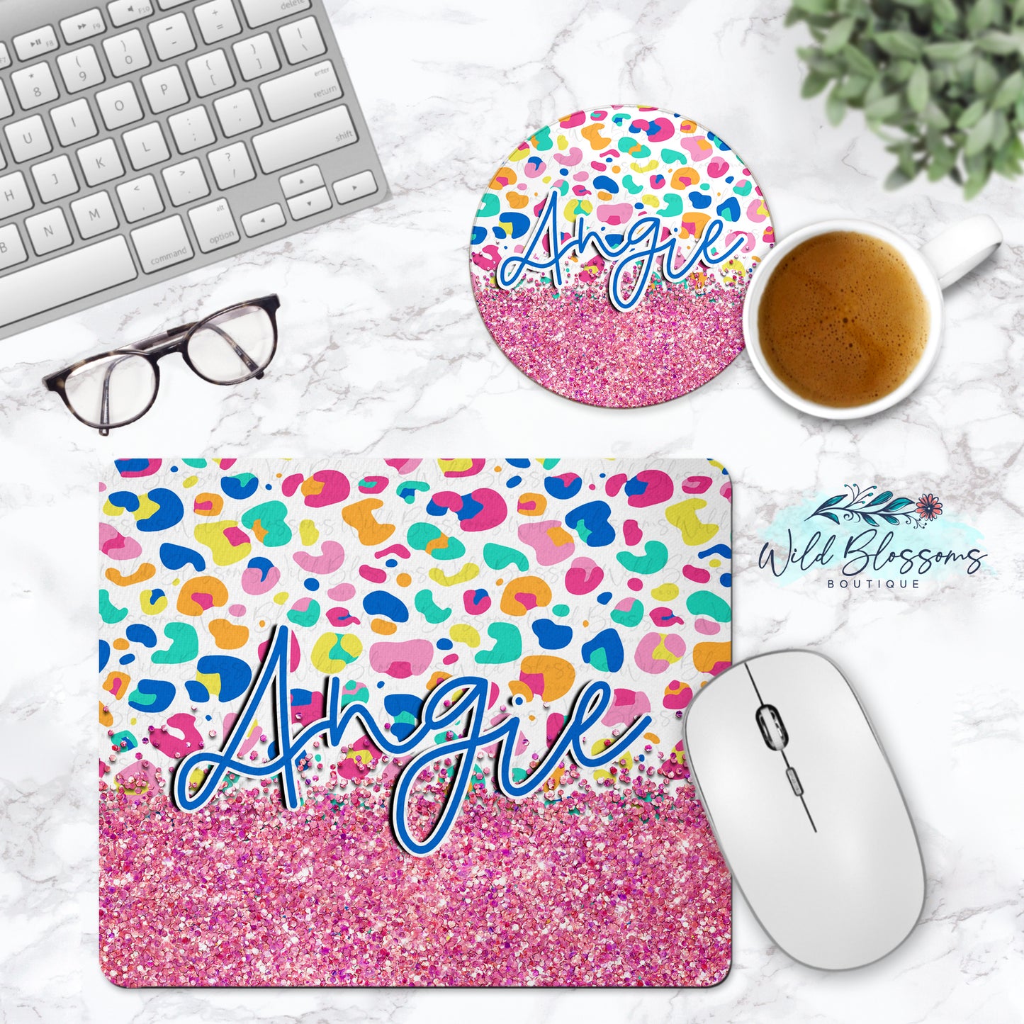 Colorful Leopard Print Personalized Mouse Pad And Coaster Desk Set
