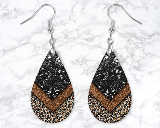 Copper, Leopard Print And Black Glitter Leather Look Drop Earrings