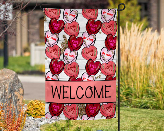 Red And Pink Candy Hearts Garden Flag