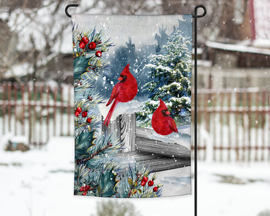 Cardinal On Snowy Fence Garden Flag