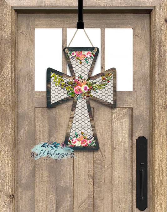 Wooden Floral Chicken Wire Cross Door Hanger