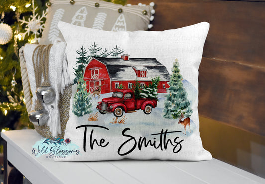 Personalized Christmas Barn Vintage Red Truck Pillow