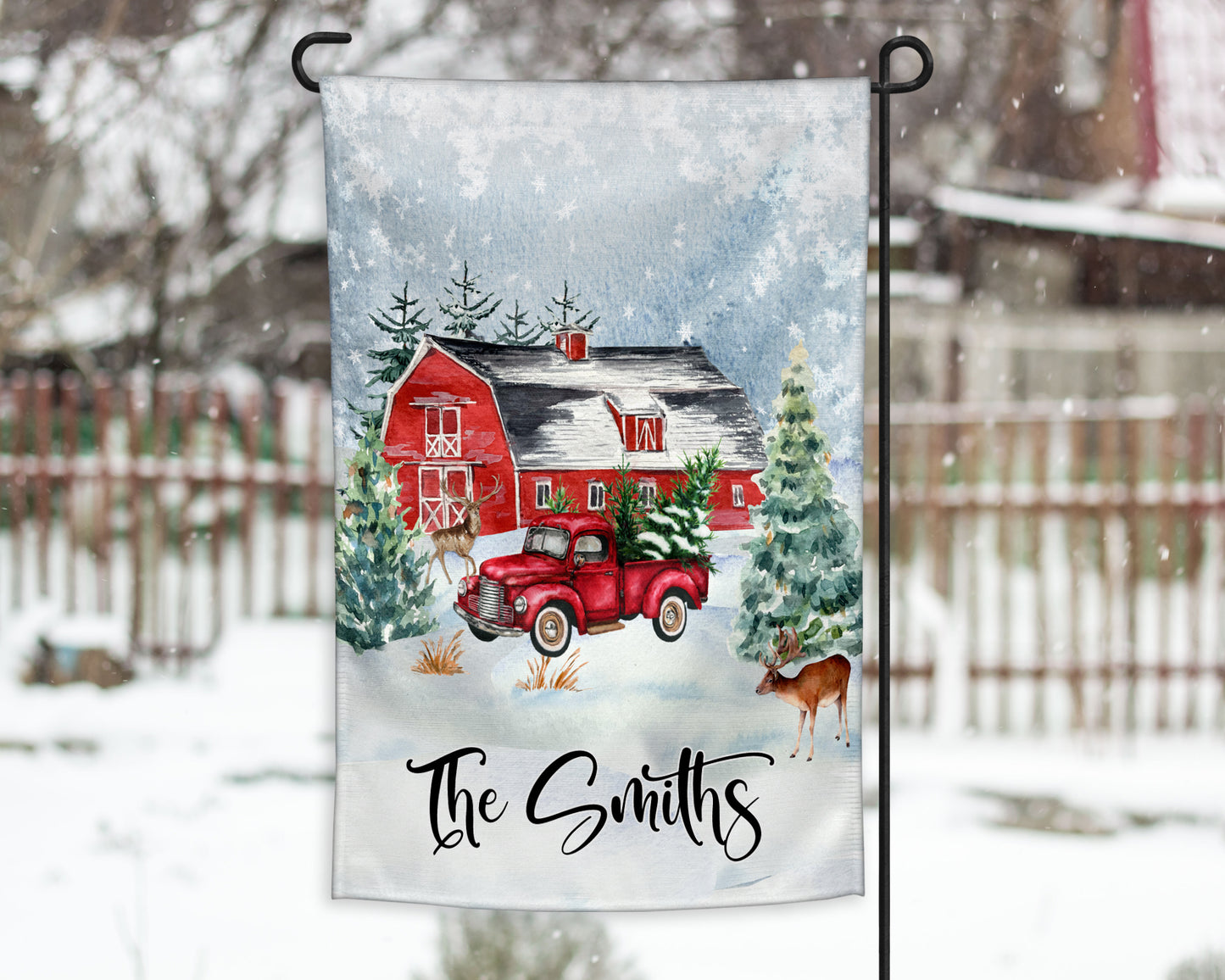 Christmas Barn Vintage Red Truck Garden Flag