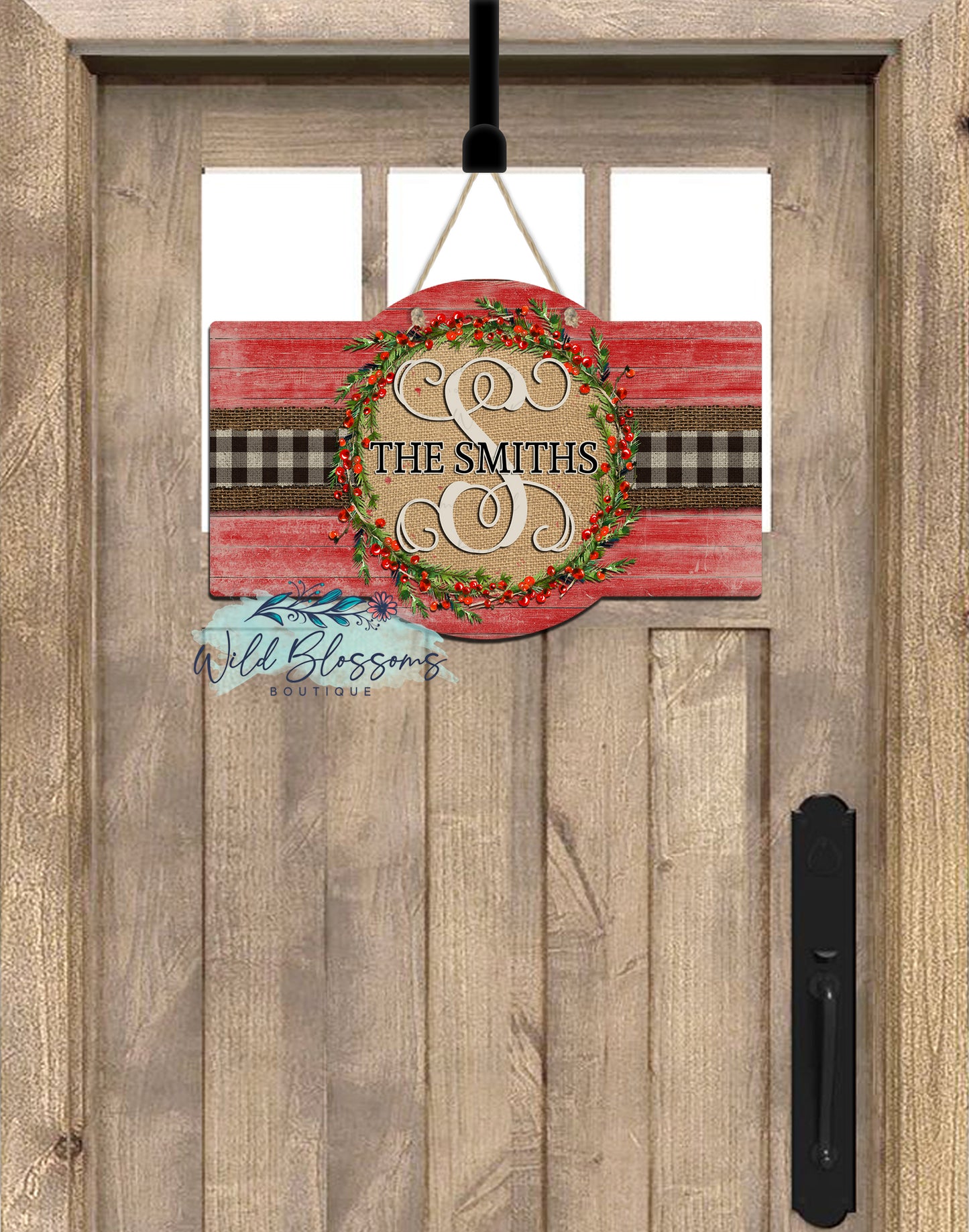 Wooden Christmas Holly Wreath Marquee Door Hanger