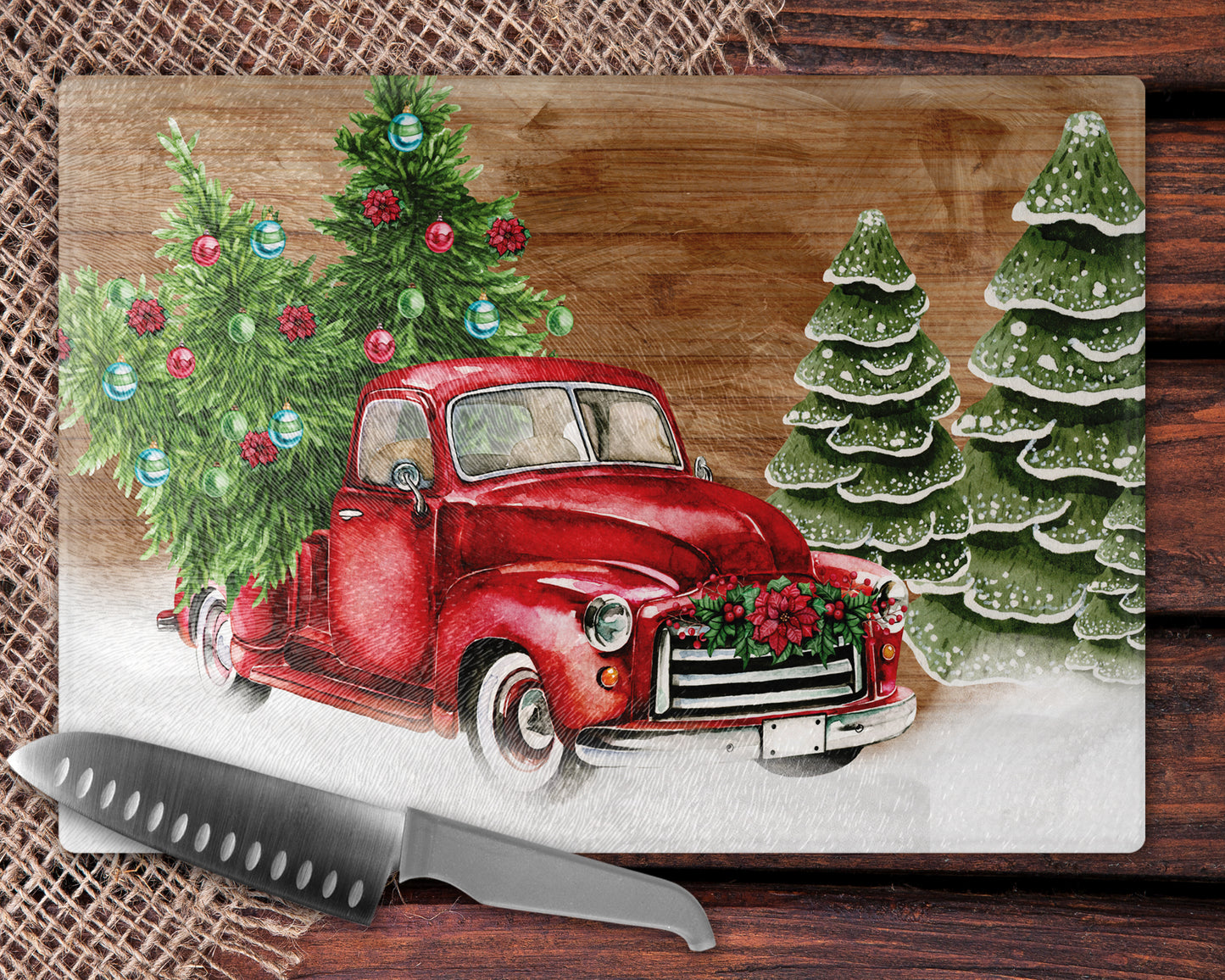 Christmas Vintage Red Truck Glass Cutting Board