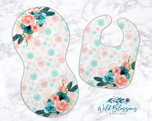 Coral And Teal Floral Baby Bib And Burp Cloth Set