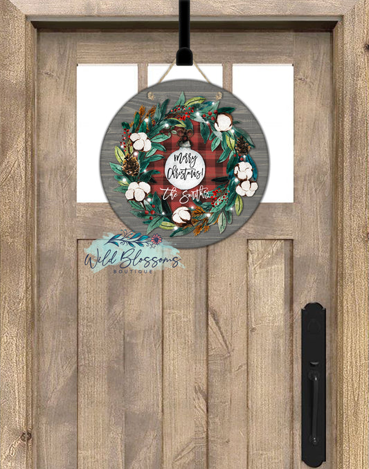 Cotton And Buffalo Plaid Christmas Wreath Round Door Hanger