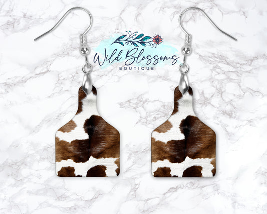 Dark Brown Cow Hide Cow Tag Drop Earrings