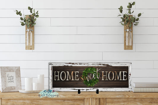 Dark Wooden Rustic Home Sweet Home Boxwood Wreath Sign