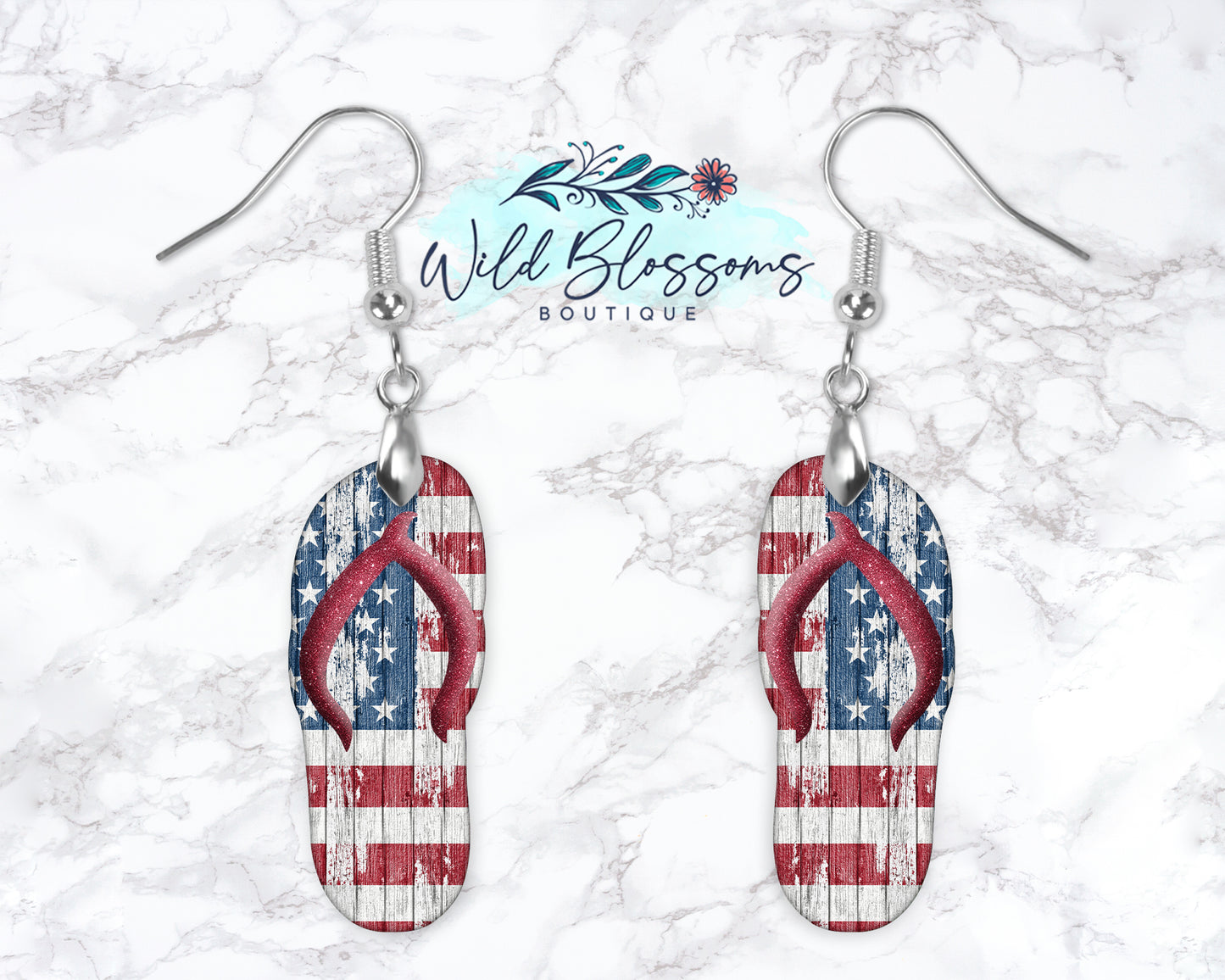 Distressed Wooden American Flag Flip Flop Drop Earrings