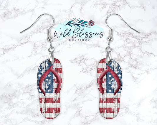 Distressed Wooden American Flag Flip Flop Drop Earrings