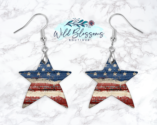 Distressed Wooden American Flag Star Drop Earrings