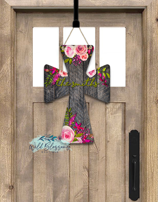 Dark Wooden Floral Cross Door Hanger