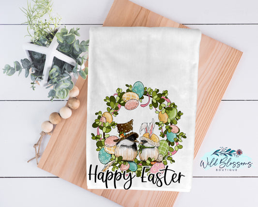 Easter Chickadee Wreath Kitchen Towel