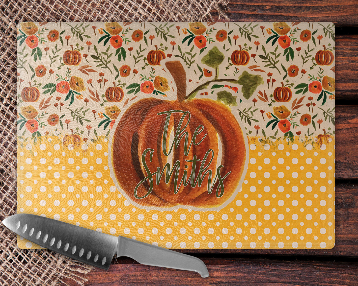 Fall Floral Pumpkin And Polka Dot Glass Cutting Board