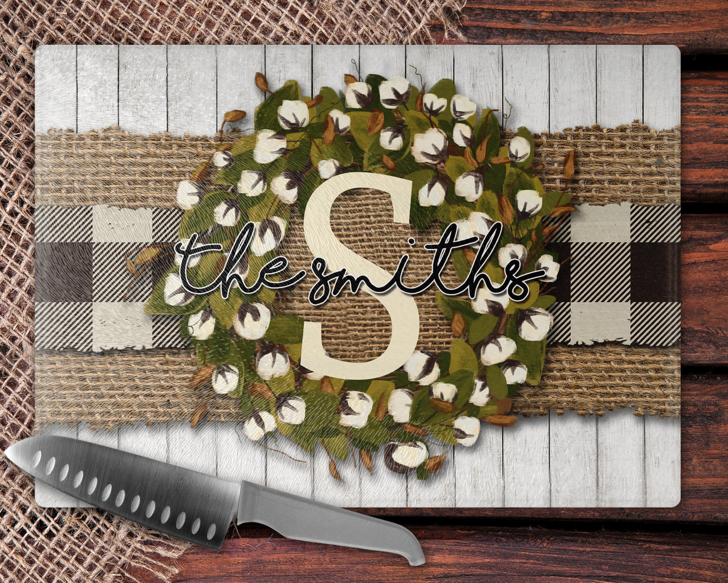 Farmhouse Buffalo Plaid Cotton Wreath Glass Cutting Board