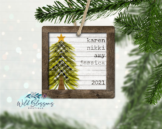 Farmhouse Family Name Buffalo Plaid Christmas Tree Ornament