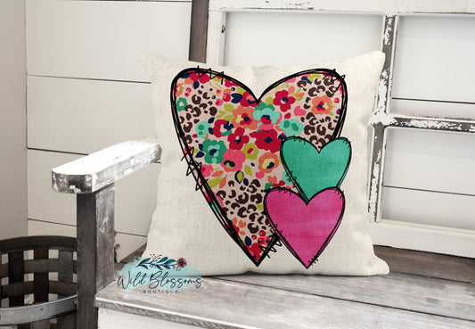 Floral Leopard Print Hearts Pillow