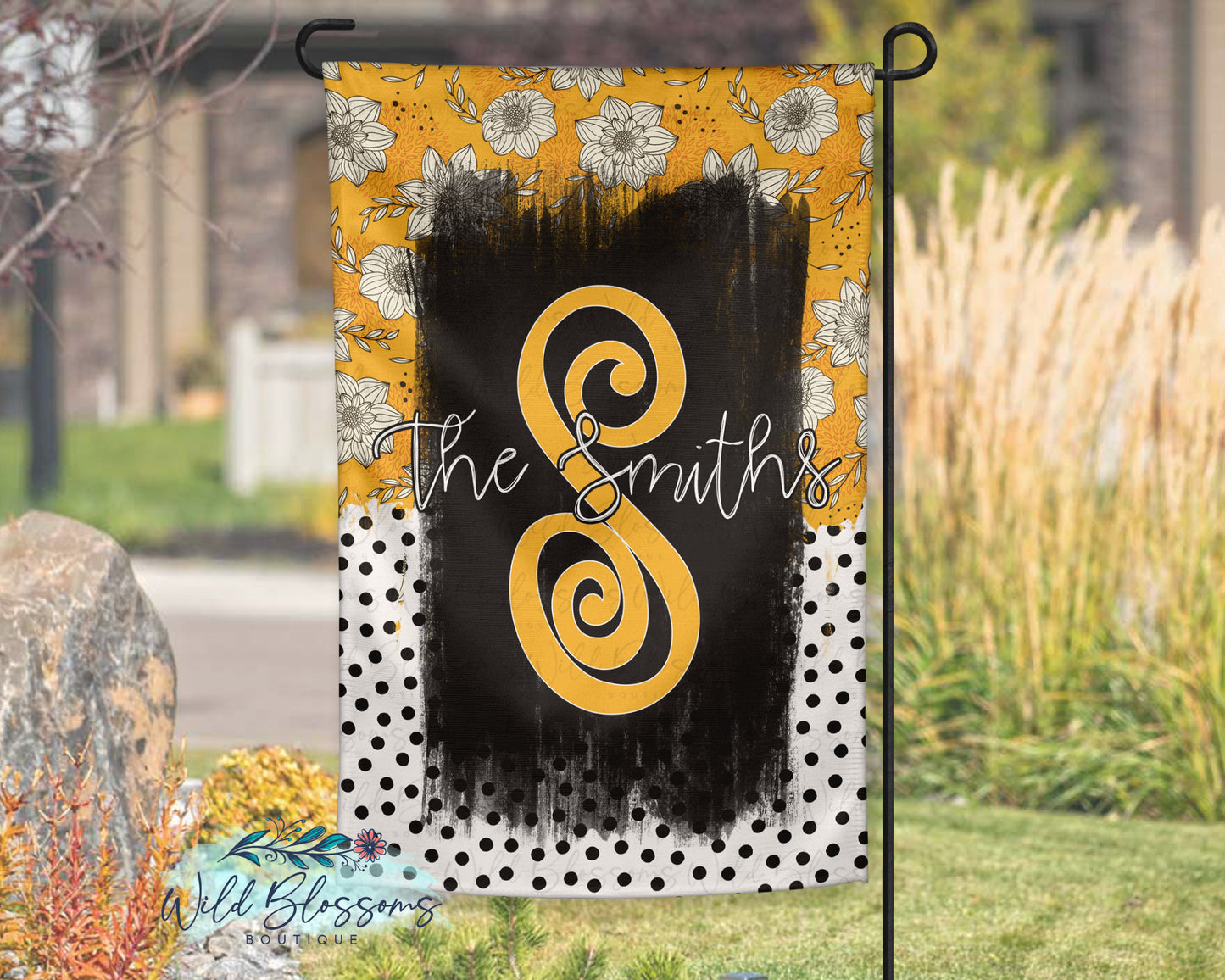 Floral Mustard Polka Dots Garden Flag