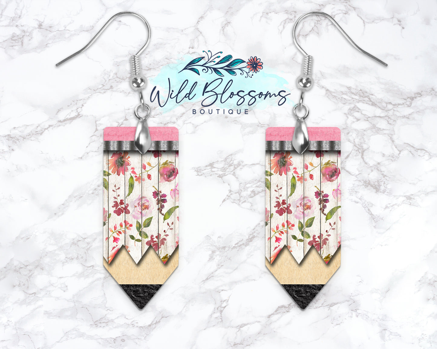 Wooden Floral Pencil Drop Earrings