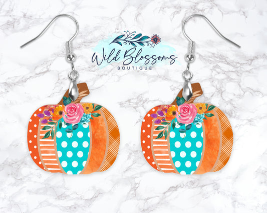 Floral Patchwork Fall Pumpkin Drop Earrings