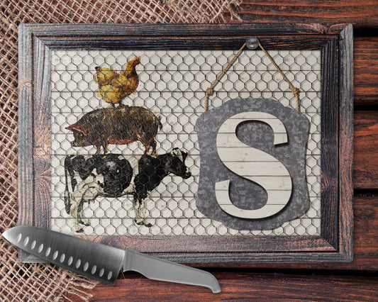 Wooden Frame And Chicken Wire Farm Animals Glass Cutting Board