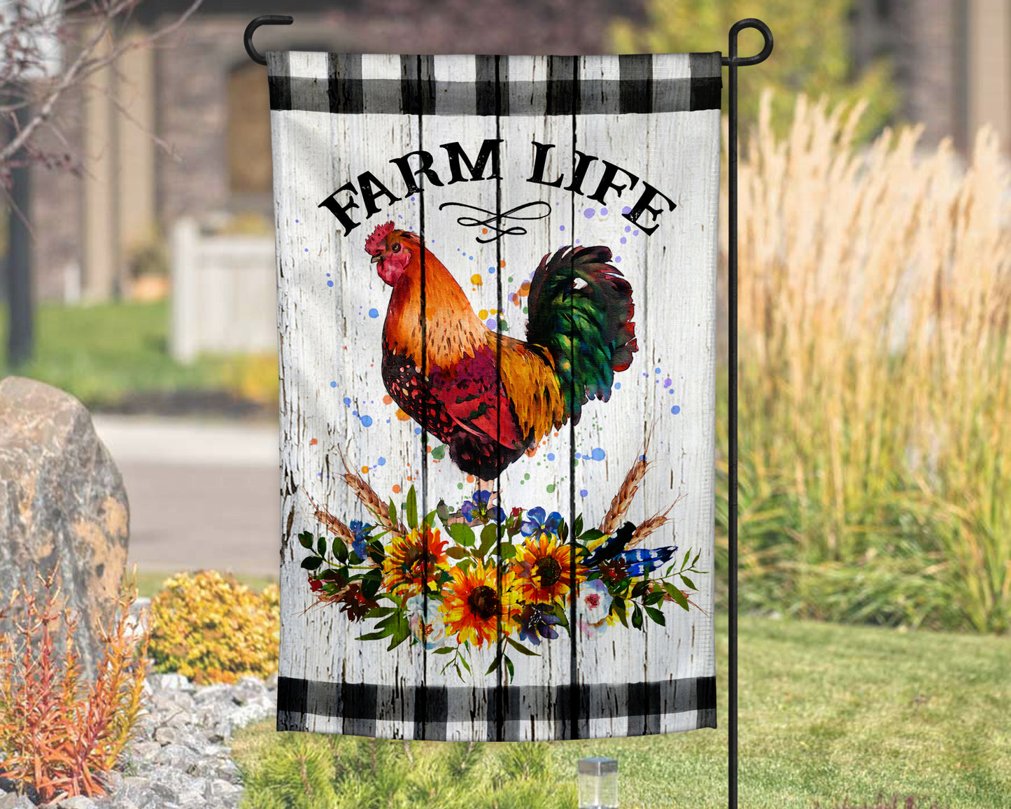 Farm Life Floral Rooster Garden Flag