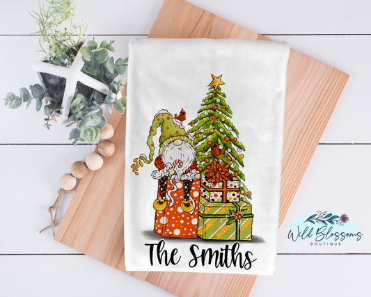 Gnome on Presents with Christmas Tree Kitchen Towel
