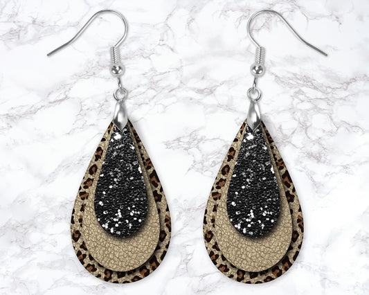 Leopard Print, Black Glitter and Gold Leather Look Drop Earrings