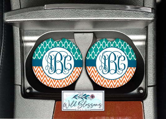 Green And Orange Monogram Car Coasters