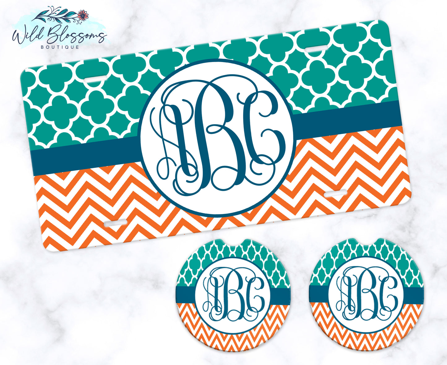 Green And Orange Monogram Car Coasters