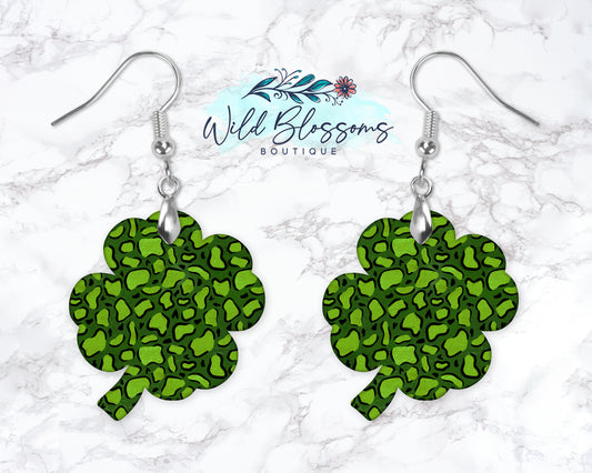 Green Leopard Print Shamrock Drop Earrings