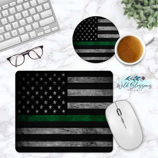 Wooden American Flag Green Line Personalized Mouse Pad And Coaster Desk Set