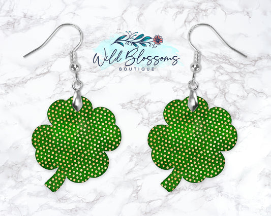 Green With Gold Polka Dot Shamrock Drop Earrings