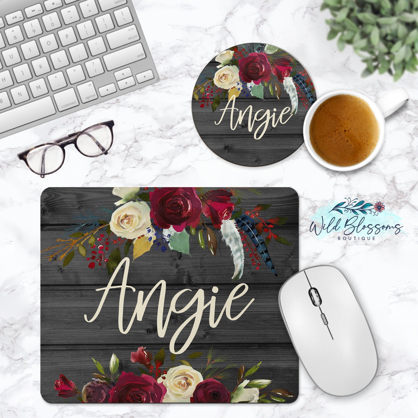 Wooden Grey And Red Floral Personalized Mouse Pad And Coaster Desk Set