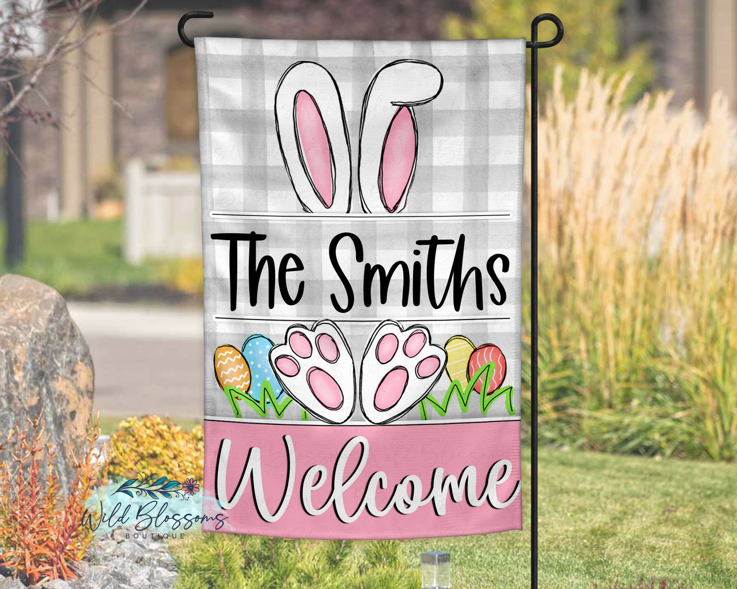 Personalized Grey Buffalo Plaid Easter Bunny Garden Flag