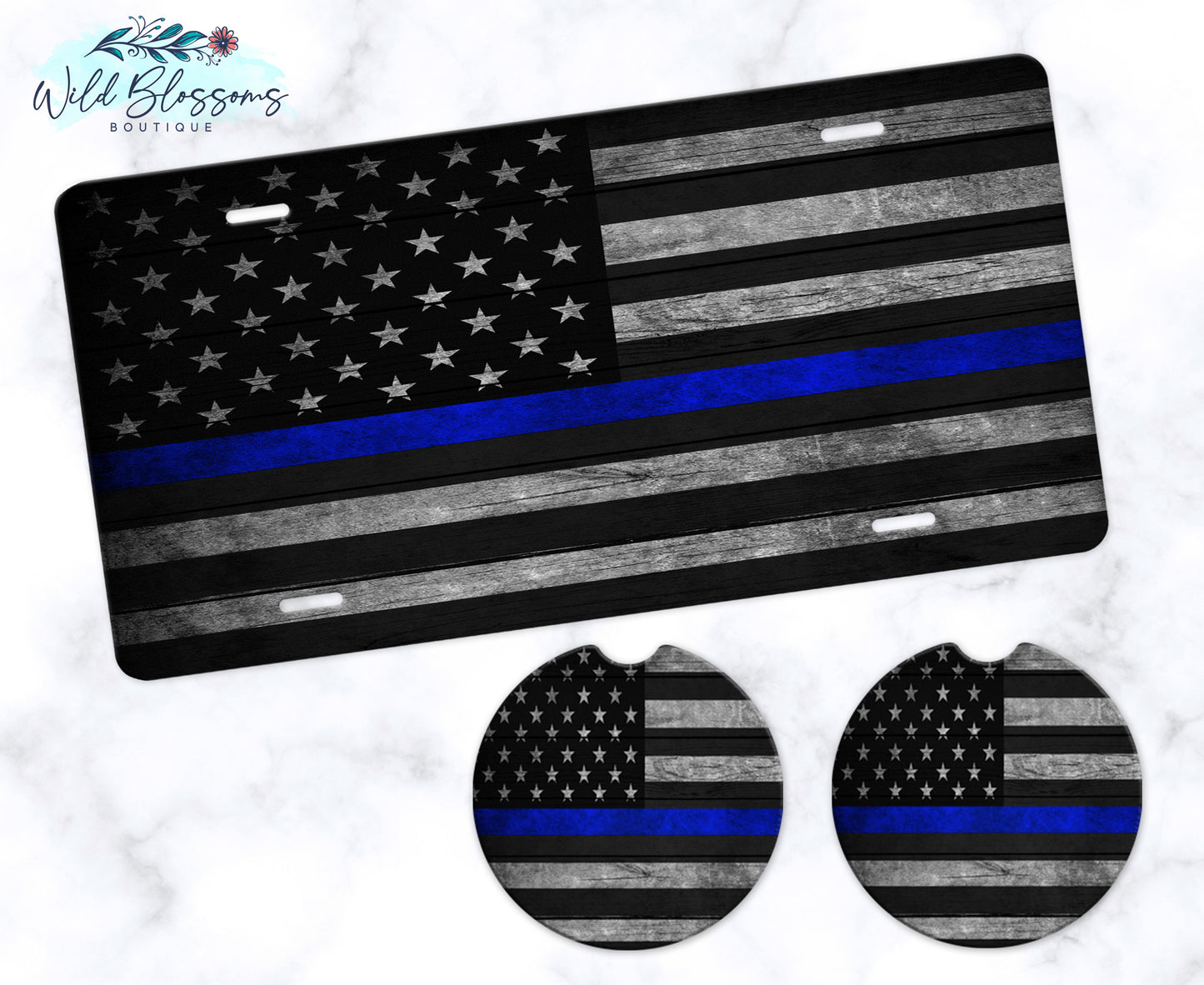 Wooden American Flag Blue Line License Plate