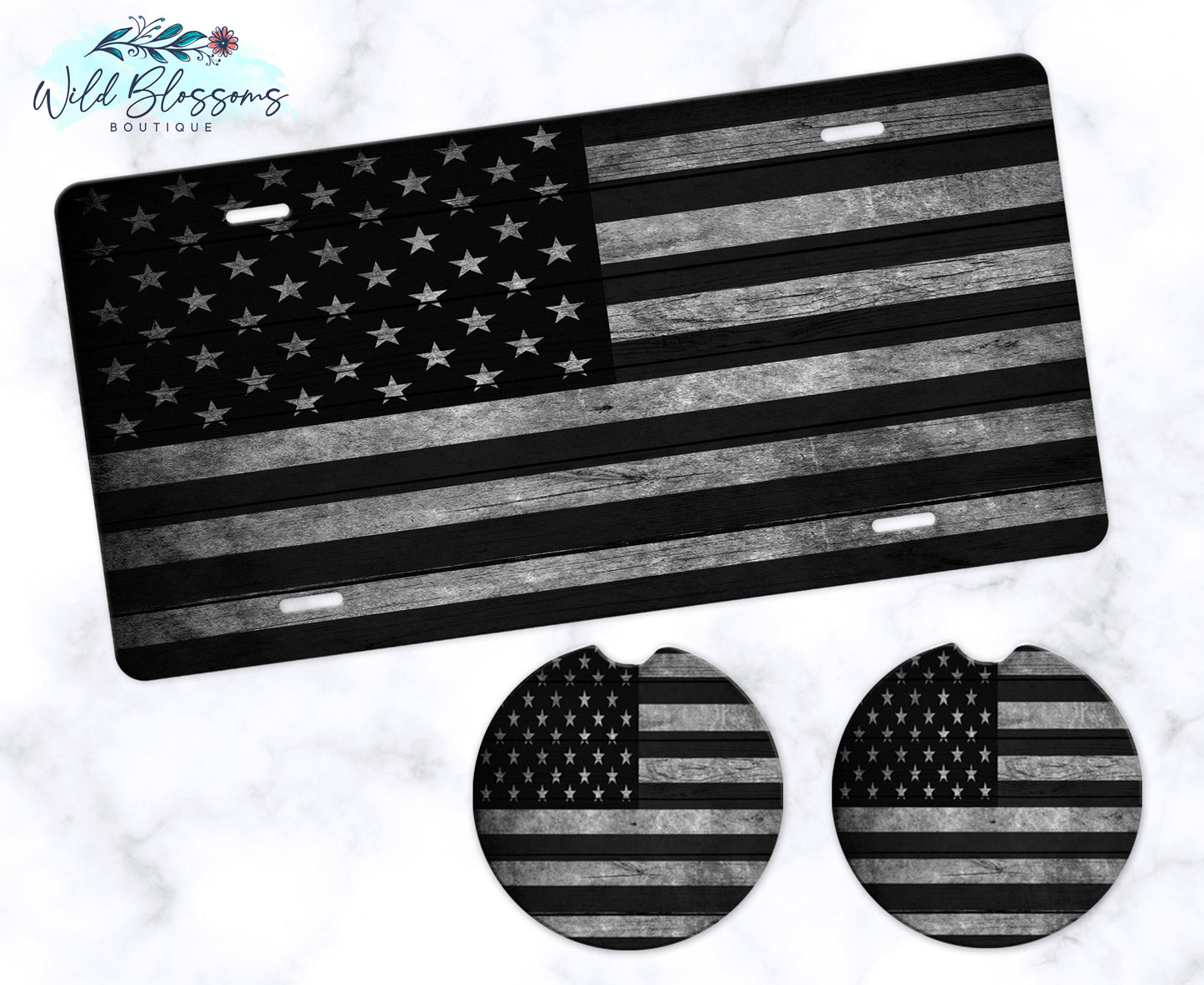Grey Wooden American Flag License Plate