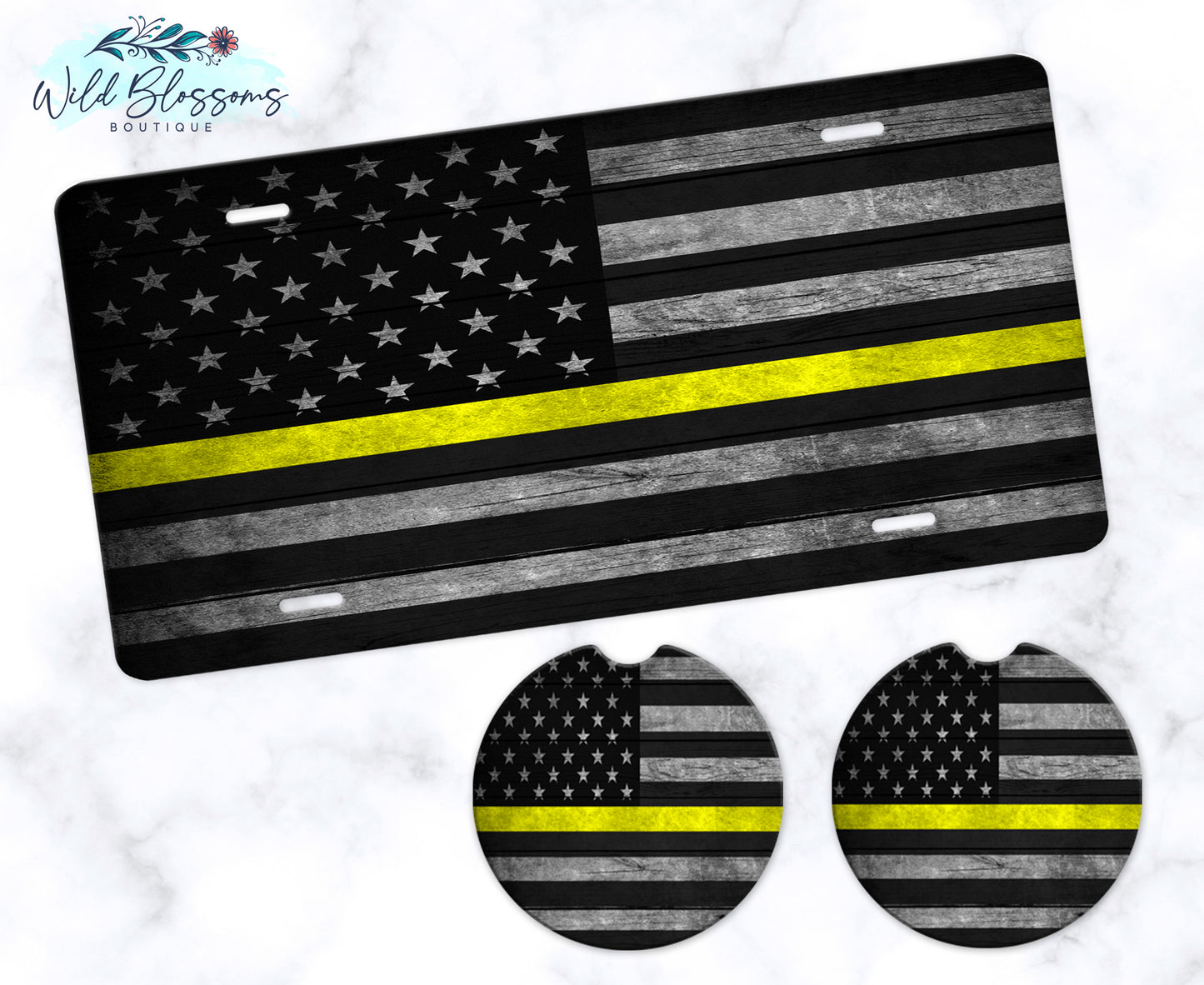Wooden American Flag Yellow Line Car Coasters