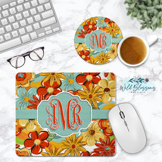 Groovy Flowers Monogram Mouse Pad And Coaster Desk Set