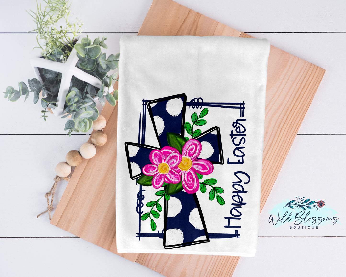 Happy Easter Navy And Pink Floral Cross Kitchen Towel