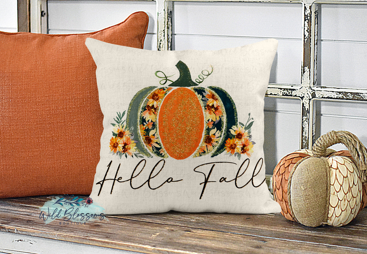 Hello Fall Floral Pumpkin Pillow