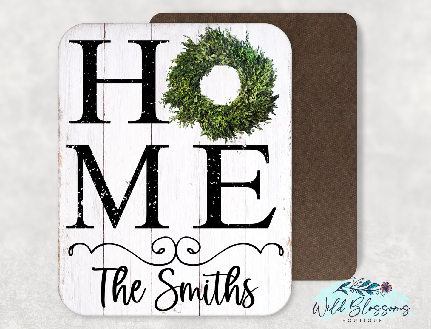 Wooden Home Boxwood Wreath Family Name Sign