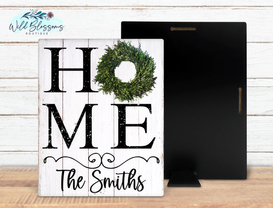 Wooden Home Boxwood Wreath Family Name Sign