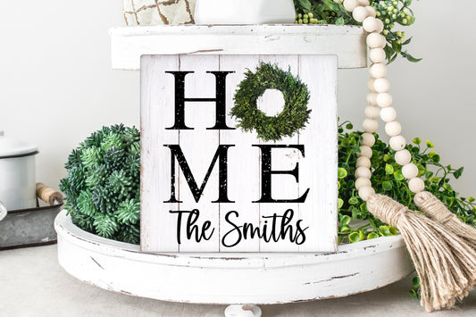 White Wooden Home Boxwood Wreath Family Name Sign