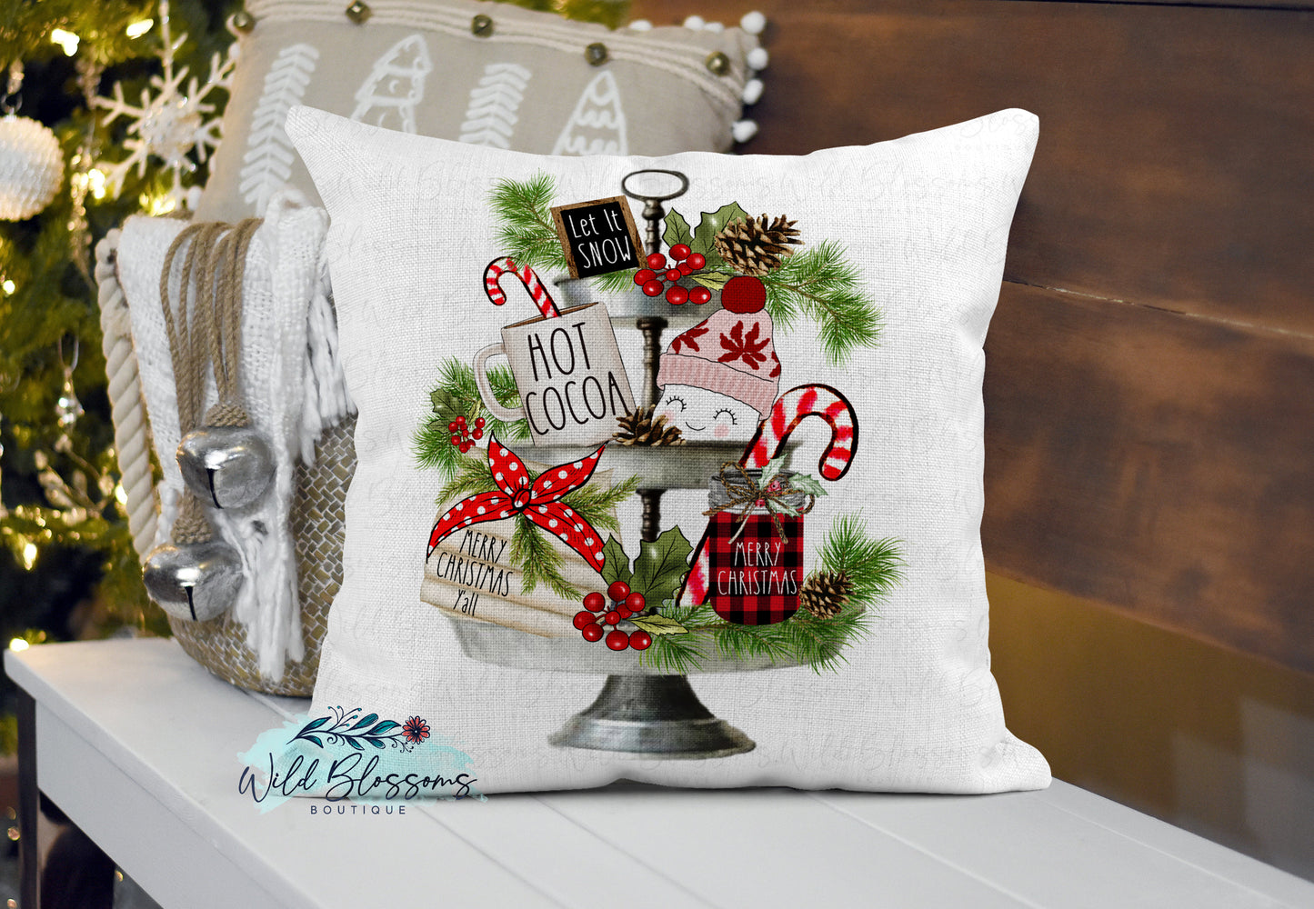 Merry Christmas Hot Cocoa Winter Snowman Tiered Tray Pillow