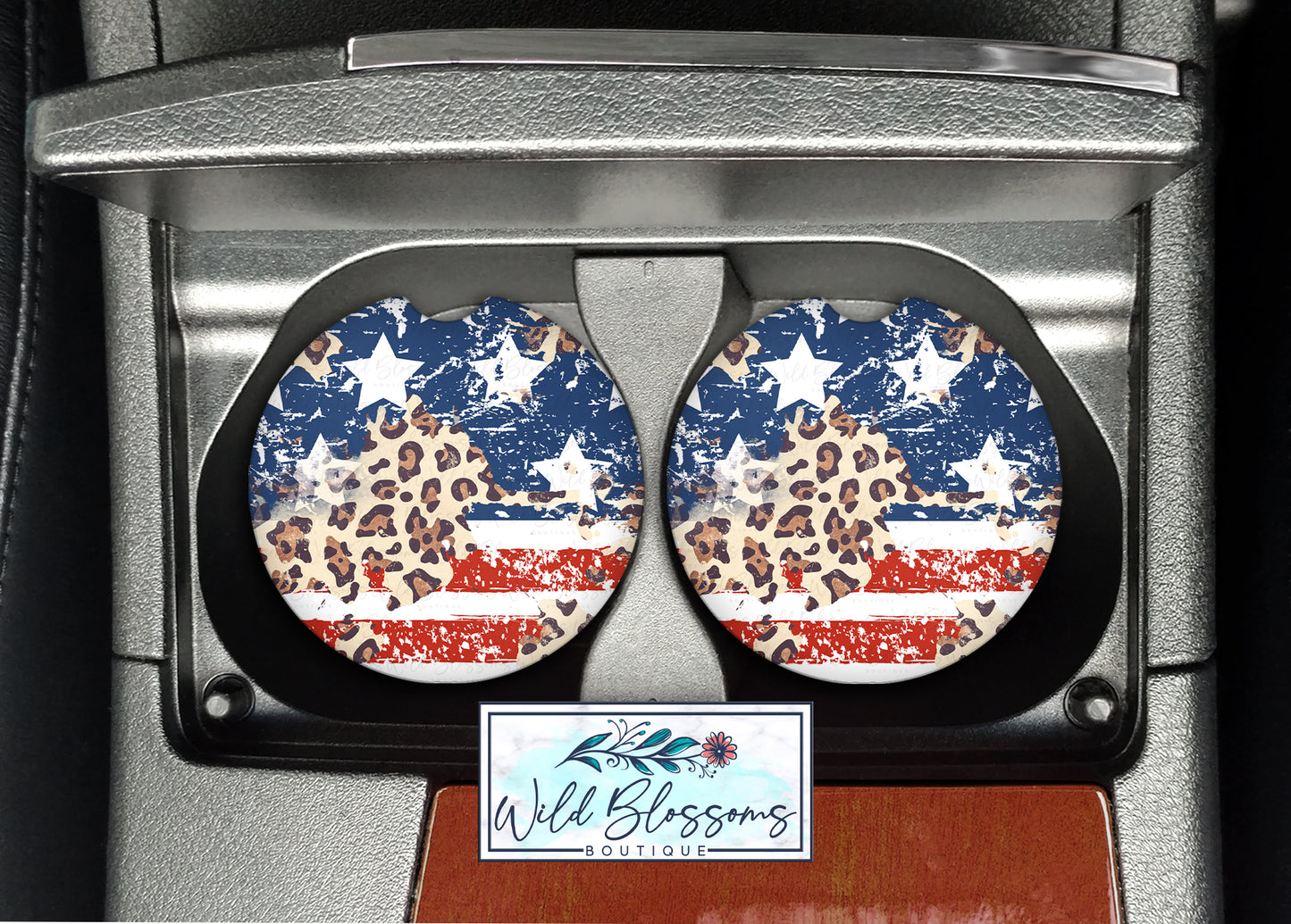 American Flag Leopard Print Car Coasters